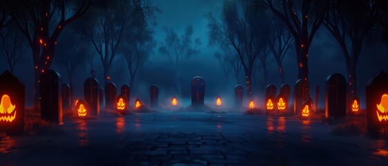 Obraz premium 3D spooky graveyard with tombstones and glowing spirits, dark night