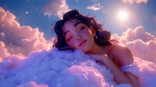 Dreamy girl resting on fluffy clouds under starry sky. Fantasy sleep concept