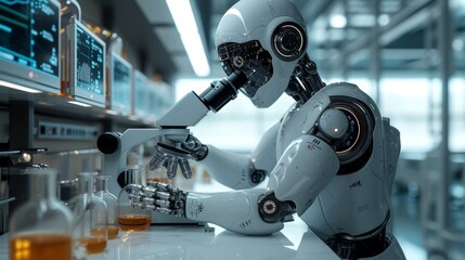A Robot Is Looking Through a Microscope at a Bottle of Liquid in a Lab - Generative AI