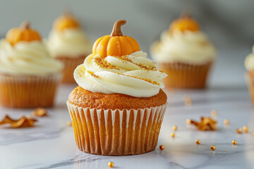 seasonal pumpkin spice cupcakes topped with golden sprinkles and cream frosting