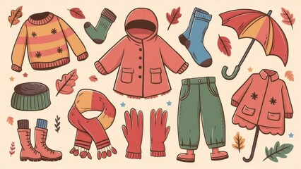 Collection of cute autumn clothing stickers, featuring a sweater, raincoat, socks, scarf, gloves, pants, and an umbrella, isolated. Flat cartoon vector illustration