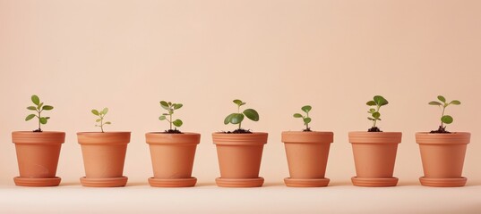Six Small Potted Plants with Green Leaves, Linear Arrangement on Light Pink Background