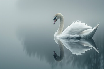Single swan on a calm misty lake in the early morning reflecting on the waters still surface. 