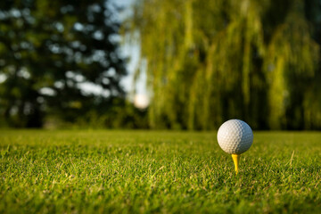 Golf ball and clubs in golf field