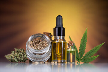 Fototapeta premium Cannabis extract oil in a small bottle, Marijuana