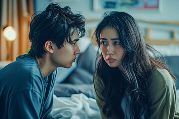 Naklejka premium Asian couple having relationship issues and arguing at home. Unhappy and depressed. 