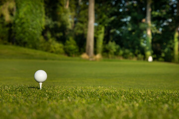 Closeup Golf ball on green grass on course
