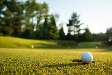 Closeup Golf ball on green grass on course, Sport and lifestyle