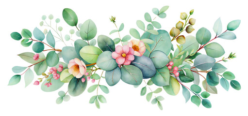 Watercolor banner with green eucalyptus leaves and pink flowers, cut out - stock png.
