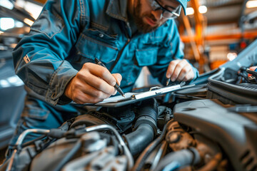 Car mechanic signing off checklist for vehicle repairs.