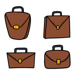 Hand drawn cartoon set briefcases on white background.