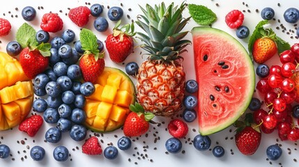 Colorful summer fruits like watermelon, pineapple, and berries, arranged in a visually appealing pattern on a white background. 