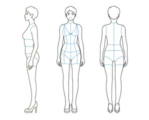 Famale body mannequin. Template for fashion sketch ideas of women's clothing. Fashion design. Front, side and back view outline vector illustration	