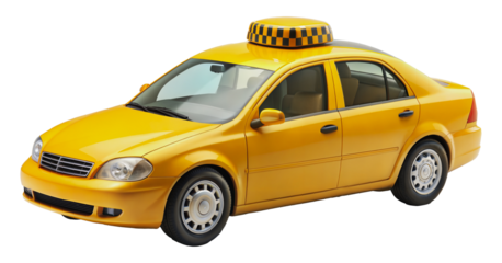 Yellow taxi car with checkered roof sign, cut out - stock png.