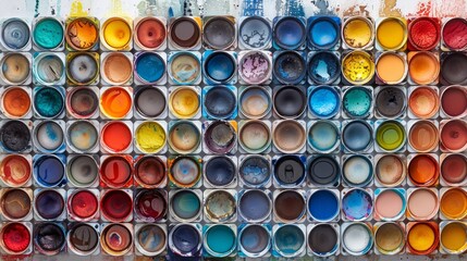 An artistic flat lay of various colorful paintbrushes and watercolor palettes, spread out on a white background. 