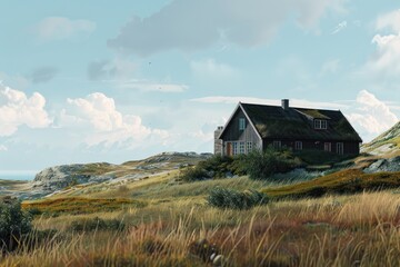 Obraz premium Scenic Illustration of a Hilltop House with Valley Overlook