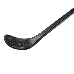 Close-up image of a worn-out hockey stick blade with scratches and scuffs, against a white background. Ideal for sports and equipment themes.