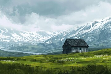 Obraz premium Scenic Illustration of a Hilltop House with Valley Overlook