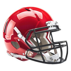 Fototapeta premium Red football helmet with protective face guard isolated on white background, high-resolution image for sporting events or equipment use.