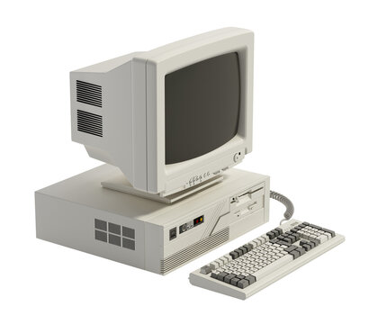 Vintage desktop PC isolated on transparent background. 3D illustration