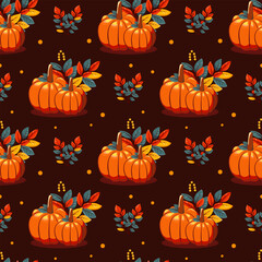 Hello autumn, autumn season, pumpkins, leaves, branches, berries, pattern, vector	