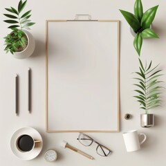 Blank clipboard mockup on white desk with coffee, plants, glasses, and stationery.  Perfect for showcasing your design, message, or artwork.