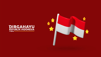 August 17th. Indonesian Independence Day Greeting Card. Waving Indonesian flag isolated on red background. Patriotic symbolic background vector illustration