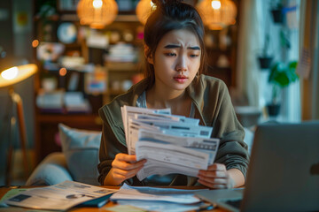 Young woman at home struggling to pay bills and balance the household expenses. 