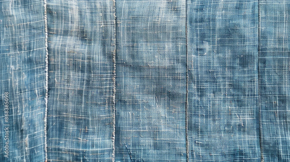 Poster top view of blue wooden background with gray linen texture and empty space for design simulation