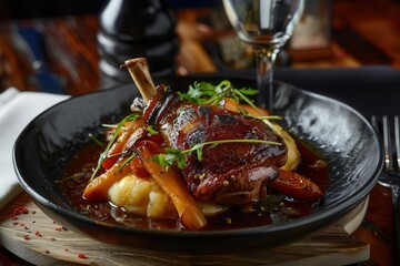 gourmet duck leg dish in rustic pub setting food photography