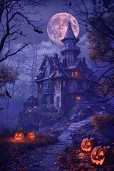Moonlit Halloween Mansion with Pumpkins and Bats