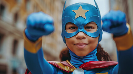 Young African-American girl dressed up as a superhero for Halloween standing on the street with space for text