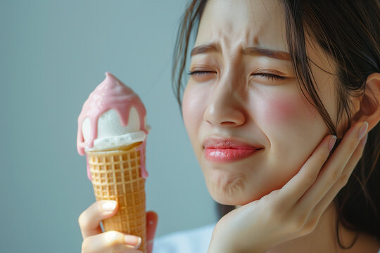 Young asian woman suffering from sensitive teeth. 

