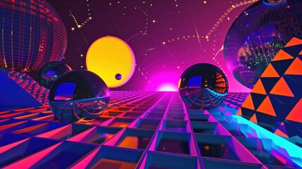 Fototapeta premium New Nostalgia: Abstract 90s Disco Scene with Vibrant Colors, Geometric Shapes, and Futuristic Elements