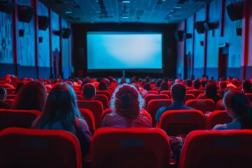 Crowd in Movie Theater, Watching Screen, Red Seats, Evening