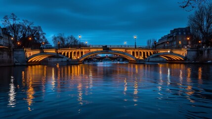 Fototapeta premium Nighttime Cityscape with Illuminated Bridge and Reflective Water