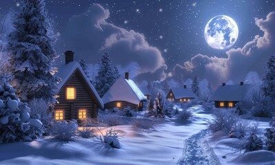 Fototapeta premium Snowy Village at Night with Moonlit Sky and Snow-Capped Roofs