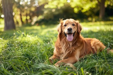 happy golden retriever dog playing on lush green grass lawn joyful summer portrait