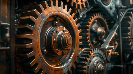 Fototapeta premium Close up engine gear wheels, Shiny silver metallic engine gear wheels 