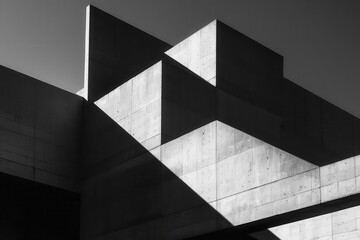 highcontrast black and white photo of brutalist building geometric shapes and shadows abstract architecture