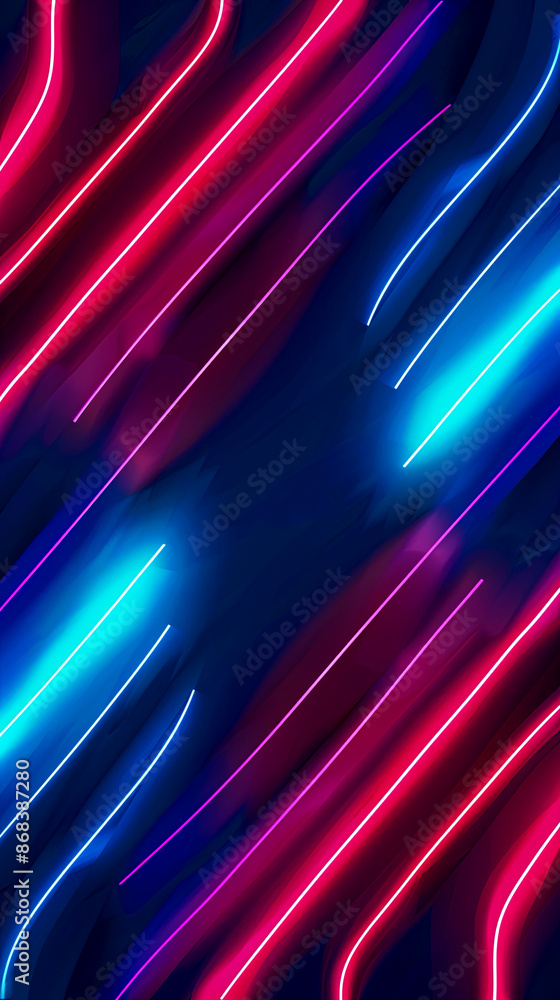 Poster bright neon lights form diagonal patterns on dark background