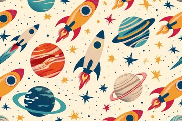 Vintage Space Adventure: Colorful Illustration of Stylized Rockets and Planets with Starburst Background