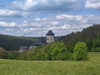 Fototapeta premium view of Karlstejn Castle against sky on sunny day, Karlstejn, Beroun District, Central Bohemian Region, Czech Republic