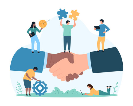 Corporate deal and success agreement, leadership. Partnership handshake with respect and trust of giant leaders hands, tiny people holding gears, puzzle pieces and target cartoon vector illustration