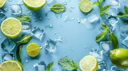 Slice lemons. Ice half a lemon and drizzle with water. pastel blue background