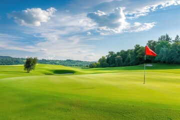 idyllic golf course with lush green fairway and red flag panoramic landscape