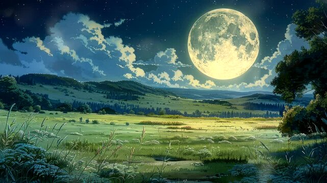 Full moon illuminating vast grassy field with distant hills at night. Tranquil nature concept