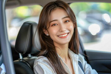 Smiling young Asian woman sitting in her car. 