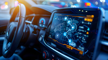 Close-up of a futuristic car dashboard featuring an advanced navigation system. The digital display shows detailed maps and navigation information, highlighting cutting-edge automotive technology.