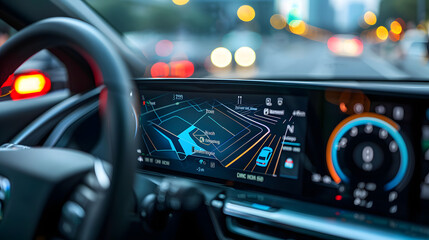 Close-up of a modern car dashboard featuring integrated navigation and control systems. The digital display shows detailed maps and vehicle information, highlighting advanced automotive technology.